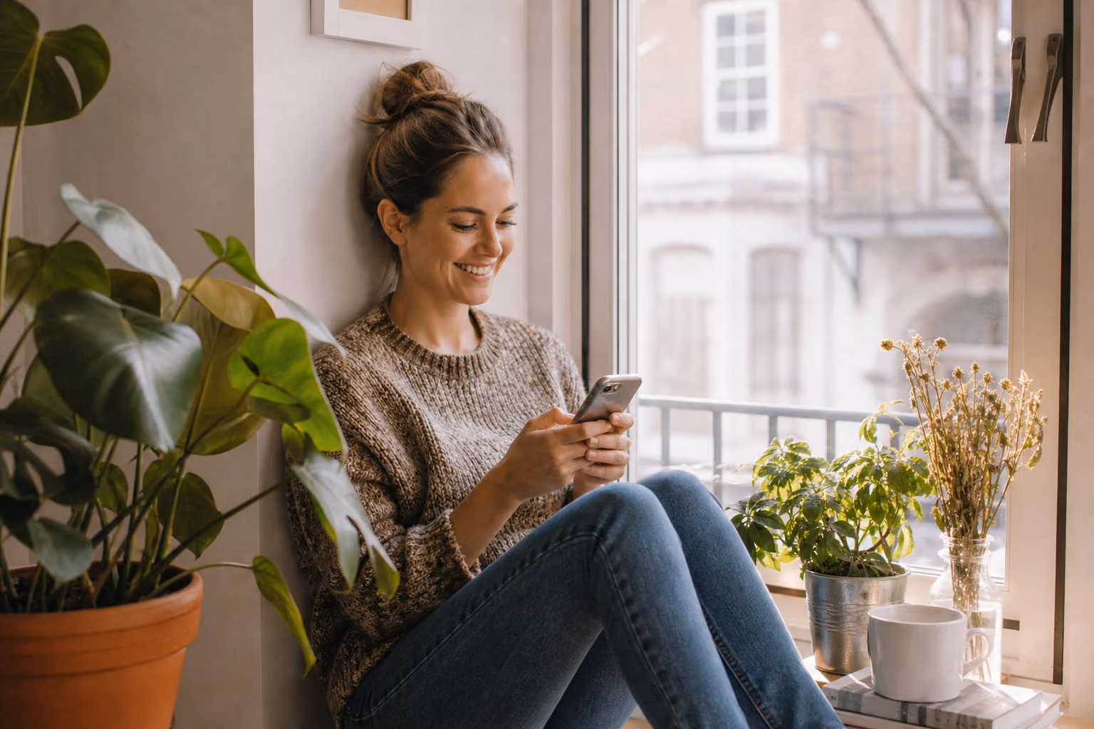 Jeune femme souriante écrivant un message près d’une fenêtre ensoleillée